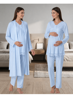 Effortt 4034 Mavi Dantelli Lohusa Pijama Takım Sabahlık
